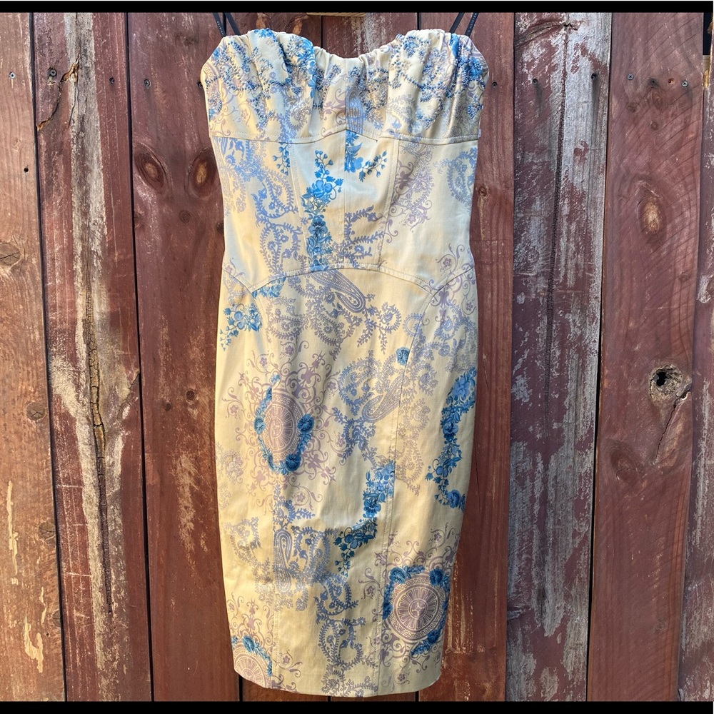 David Meister Paisley Brocade Strapless Dress